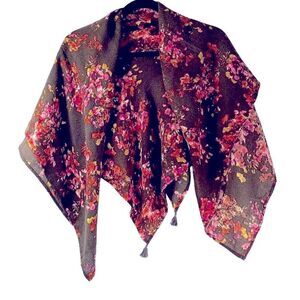 Brown with pink & green almost square scarf w 2 tassels on opposite corners